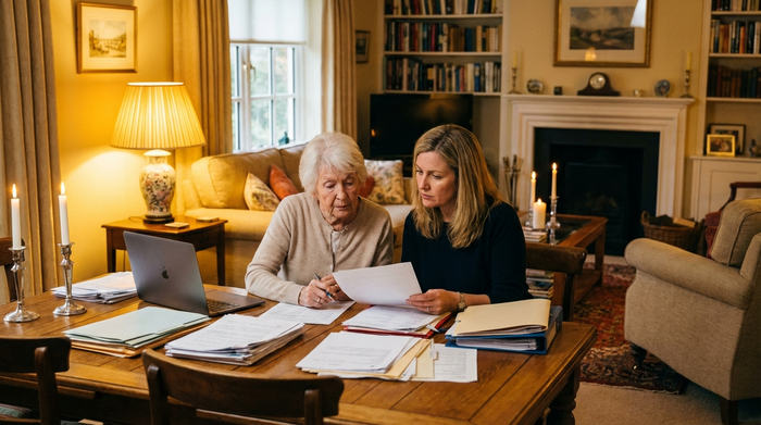 Eine nachdenkliche ältere Frau und ihre erwachsene Tochter sitzen an einem Esstisch und betrachten gemeinsam Dokumente. Warme Beleuchtung, seriöse und ruhige Stimmung im heimischen Wohnzimmer.