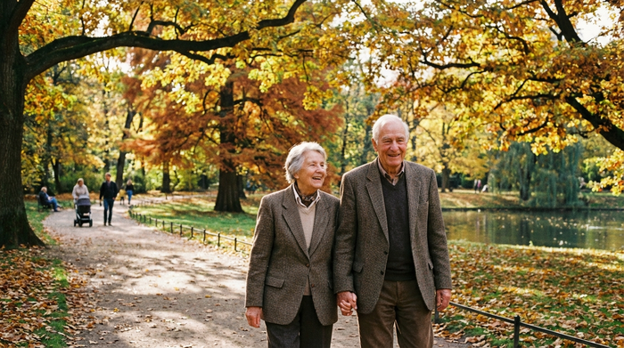 Ein älteres Ehepaar spaziert Hand in Hand durch einen gepflegten Park mit alten Bäumen im Herbst. Friedliche, sorgenfreie Atmosphäre in der Natur.