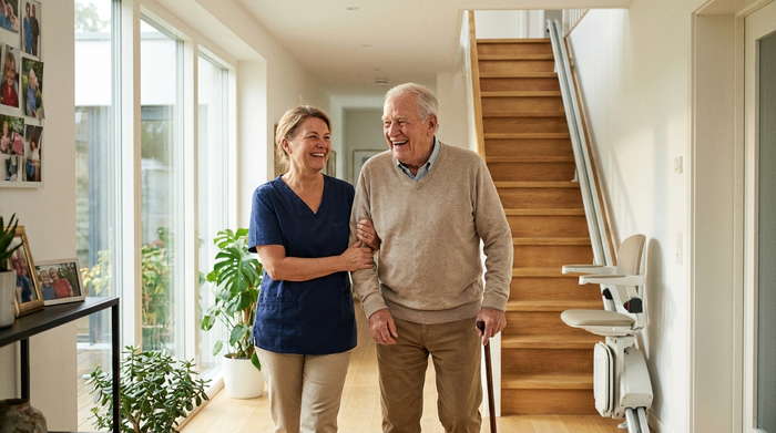 Eine freundliche Pflegekraft hilft einem lächelnden Senior beim Gehen im eigenen, hellen Flur. Ein moderner Treppenlift ist im Hintergrund an der Holztreppe dezent sichtbar.
