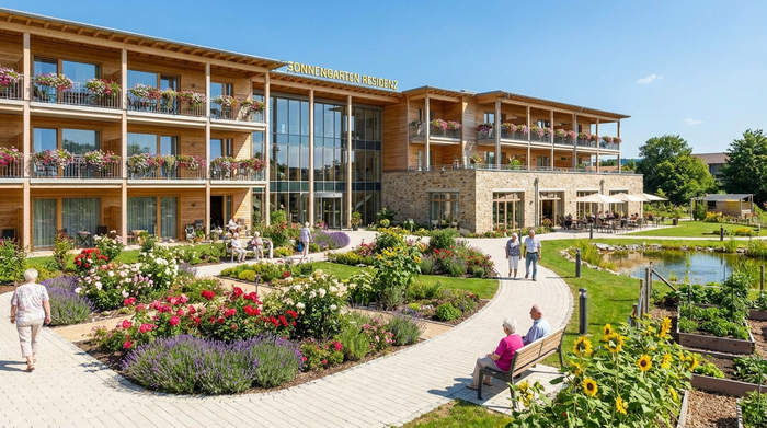 Ein einladendes, modernes Gebäude einer Seniorenresidenz mit einer gepflegten Gartenanlage, bunten Blumenbeeten und barrierefreien Wegen im hellen Sonnenschein.