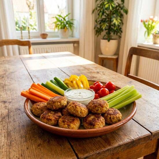 Ein Teller mit appetitlich angerichtetem Fingerfood, wie kleinen Frikadellen und Gemüsesticks, steht auf einem Holztisch in einer hellen Essensumgebung.