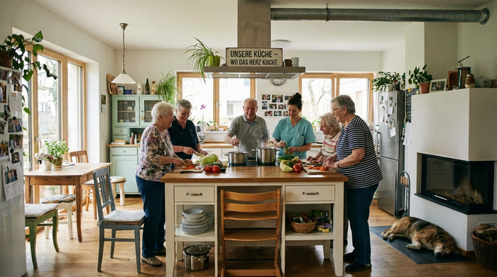 Eine kleine Gruppe von Senioren kocht gemeinsam mit einer Betreuungskraft in einer großen, offenen und wohnlichen Küche einer Demenz-WG. Fröhliche, familiäre Atmosphäre.