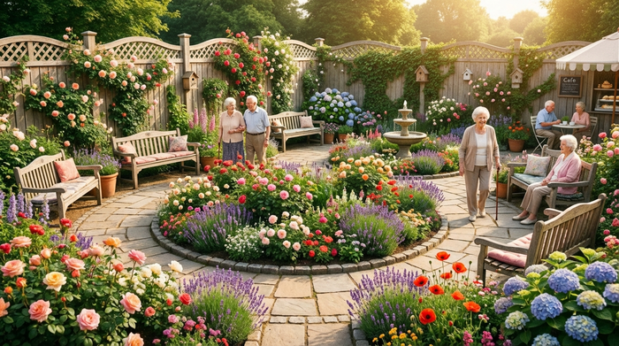 Ein wunderschöner, sicher umzäunter Demenzgarten mit einem Rundweg, vielen bunten Blumen und gemütlichen Holzbänken im warmen Sonnenschein.