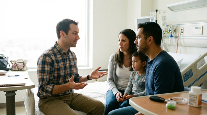 Ein freundlicher Sozialarbeiter im Gespräch mit einer besorgten Familie in einem hellen Krankenhauszimmer. Der Sozialarbeiter trägt ein legeres Hemd und macht beruhigende Gesten. Realistisch, weiches Licht, keine lesbaren Texte.