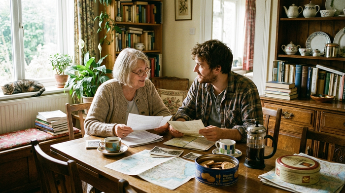 Eine ältere Frau und ein jüngerer Mann sitzen gemeinsam an einem Esstisch und schauen konzentriert auf Papiere. Gemütliche Atmosphäre, Kaffeetassen auf dem Tisch, sonniges Zimmer.