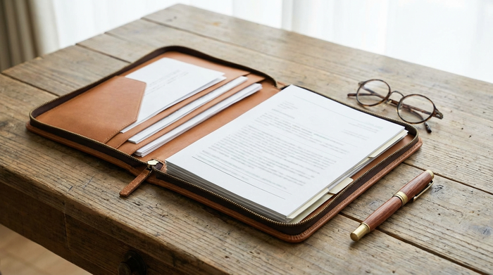 Eine geöffnete Mappe mit ordentlich sortierten Dokumenten auf einem Holztisch, daneben eine Brille und ein edler Stift. Ruhige, aufgeräumte Szene, realistisches Licht, keine lesbaren Texte.