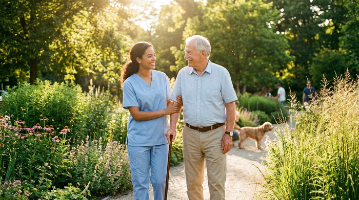 Eine freundliche Pflegekraft in hellblauer Kleidung stützt einen älteren Herrn beim Spaziergang in einem sonnigen, grünen Park. Beide lächeln. Entspannte und sichere Atmosphäre.
