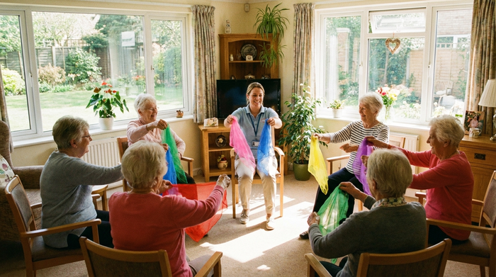 Eine Gruppe fröhlicher Senioren sitzt in einem hellen, freundlichen Raum im Kreis und macht leichte Sitzgymnastik mit bunten Tüchern. Eine motivierende Pflegekraft leitet die Gruppe an. Sonniges Wetter draußen, gemütliche Atmosphäre.