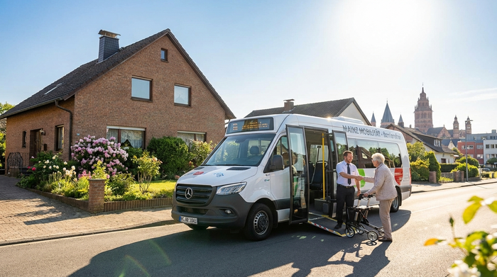 Ein moderner, rollstuhlgerechter Kleinbus parkt vor einem gepflegten Einfamilienhaus in Mainz. Ein freundlicher Fahrer reicht einer älteren Dame lächelnd die Hand, um ihr beim Einsteigen zu helfen. Strahlender Sonnenschein.