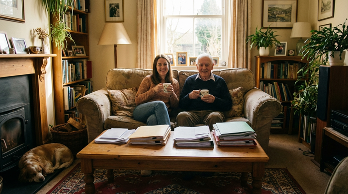 Eine Tochter und ihr älterer Vater sitzen entspannt auf dem Sofa im heimischen Wohnzimmer und trinken Tee. Beide wirken erleichtert und glücklich. Auf dem Tisch liegen einige ordentlich sortierte Papiere. Warme, familiäre Stimmung.