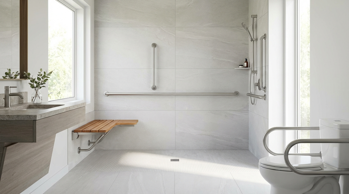 Ein modernes, helles und barrierefreies Badezimmer mit einer bodengleichen Dusche und Haltegriffen. Ein stilvoller Duschsitz ist an der Wand montiert. Sauberes, sicheres und komfortables Design, realistische Darstellung.