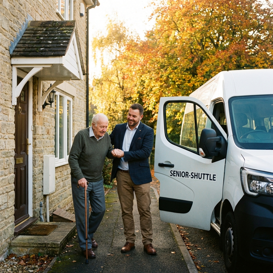 Ein sympathischer Fahrer in gepflegter Kleidung begleitet einen älteren Herrn mit Gehstock von der Haustür zu einem geparkten weißen Kleinbus. Warme Morgenbeleuchtung, herbstliche Bäume im Hintergrund.