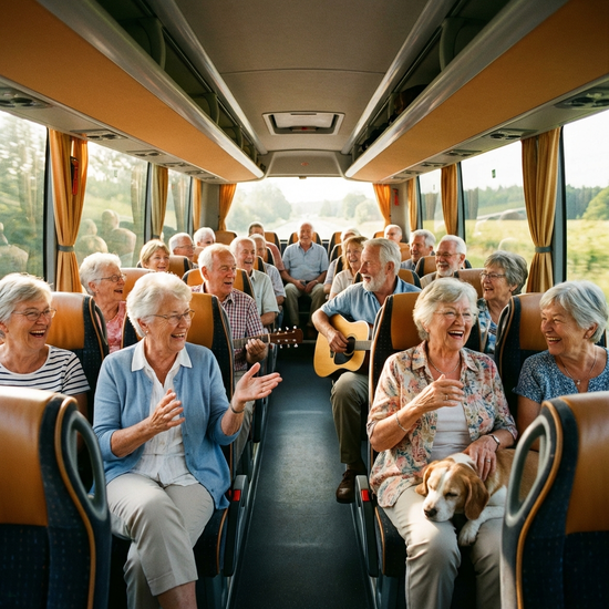 Eine Gruppe fröhlicher Senioren sitzt entspannt im hellen Innenraum eines Busses und unterhält sich angeregt während der Fahrt.