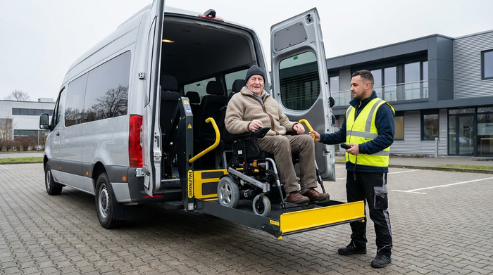 Eine hydraulische Hebebühne am Heck eines modernen Kleinbusses hebt einen Senior im Rollstuhl sanft auf Fahrzeugebene. Ein Betreuer steht aufmerksam und sichernd daneben.