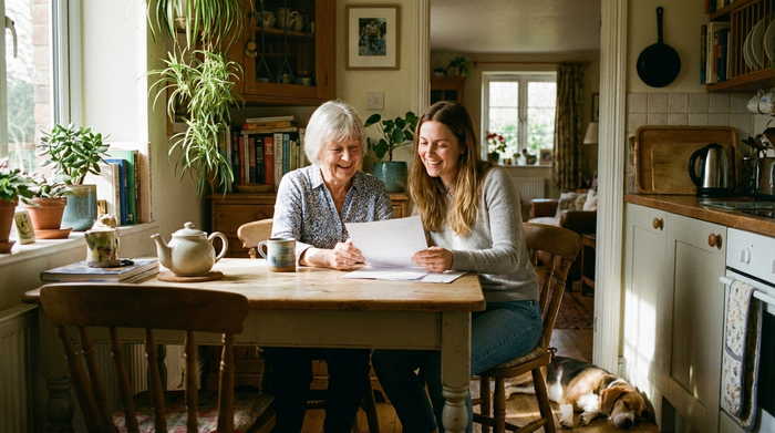 Eine ältere Frau sitzt gemeinsam mit ihrer Tochter am Küchentisch und betrachtet entspannt einige Dokumente. Eine Kaffeetasse steht auf dem Tisch, die Atmosphäre ist gemütlich und erleichtert.