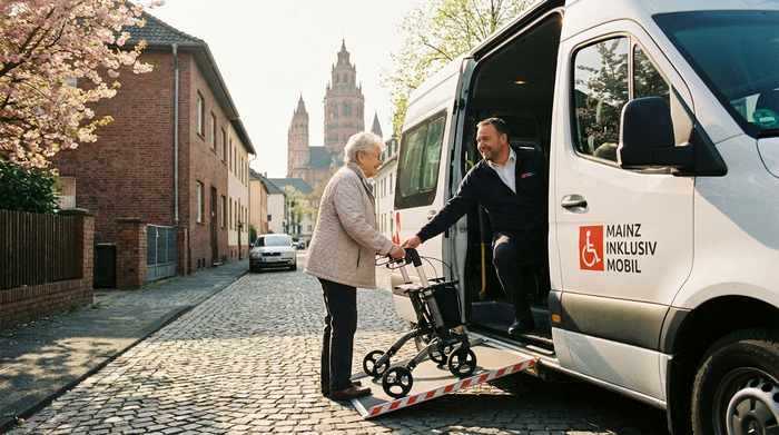 Ein freundlicher Fahrer eines rollstuhlgerechten Kleinbusses hilft einem lächelnden Senior mit Rollator beim sicheren Einstieg. Morgendliche, sonnige Straßenszene in einem Wohngebiet in Mainz, vertrauensvolle Stimmung.