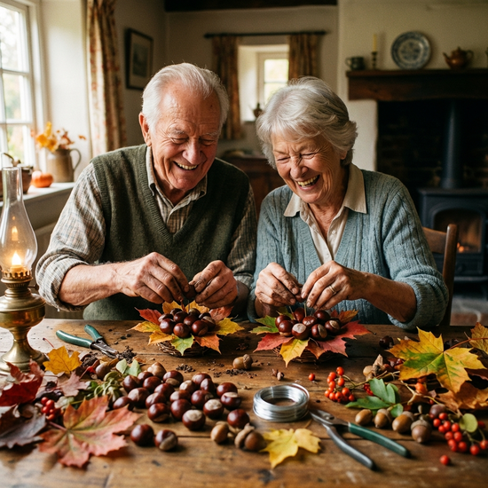 Zwei Senioren basteln konzentriert und freudig an herbstlichen Gestecken aus Kastanien und bunten Blättern. Ein gemütlicher Holztisch mit Bastelmaterialien, warme Beleuchtung, Fokus auf die Hände und lächelnde Gesichter.