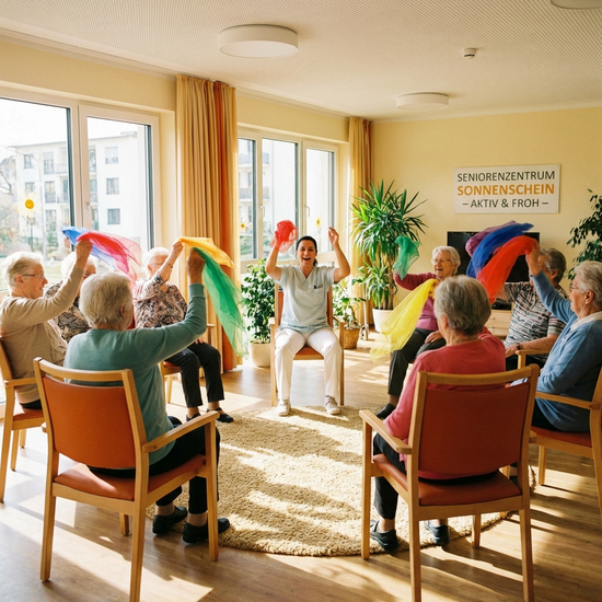 Ältere Menschen sitzen in einem Stuhlkreis in einem lichtdurchfluteten Raum und machen leichte Gymnastikübungen mit bunten Tüchern. Eine motivierende Betreuungskraft macht die Bewegungen vor. Aktive, fröhliche Stimmung.