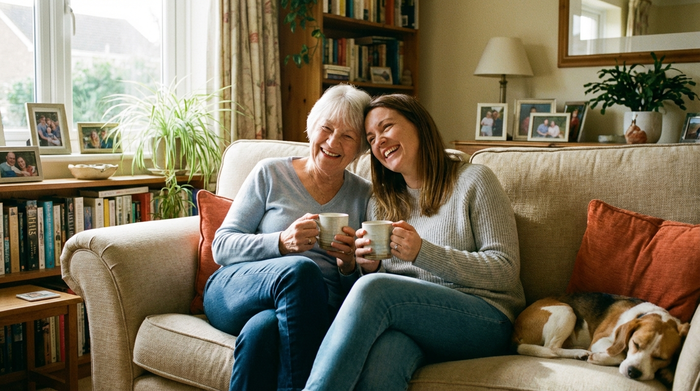 Eine ältere Dame und ihre erwachsene Tochter sitzen entspannt auf einem Sofa zu Hause und trinken Tee. Sie wirken erleichtert und glücklich. Harmonische familiäre Szene in einem gemütlichen Wohnzimmer ohne Stress.