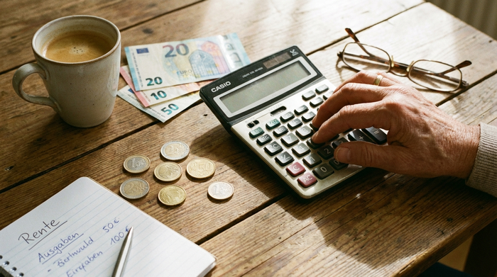 Nahaufnahme von Euro-Münzen und Geldscheinen neben einem Taschenrechner und einer Kaffeetasse auf einem Holztisch. Eine ältere Hand tippt auf den Taschenrechner. Ruhige, aufgeräumte Szene, die finanzielle Planung symbolisiert.