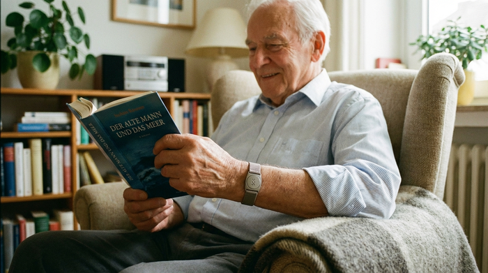 Ein moderner, unauffälliger Hausnotruf-Knopf am Handgelenk eines Seniors, der entspannt in einem Sessel ein Buch liest. Fokus auf das sichere Gefühl im eigenen Zuhause, weiches Licht.