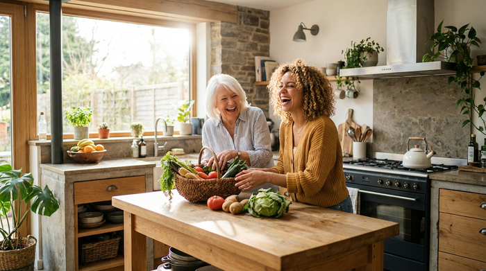 Zwei Frauen verschiedenen Alters lachen gemeinsam in einer modernen Küche, während sie frisches Gemüse aus einem Korb räumen. Sonnenlicht fällt durch das Fenster.