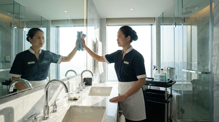 Eine professionelle Reinigungskraft wischt mit einem sauberen Tuch die glänzenden Flächen in einem modernen Badezimmer. Strahlende Sauberkeit und Hygiene stehen im Vordergrund.