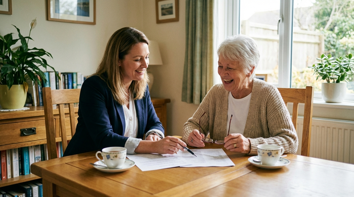 Eine ältere Dame und eine freundliche Beraterin sitzen am Esstisch und besprechen Unterlagen. Beide lächeln, die Beraterin zeigt unterstützend auf das Papier.