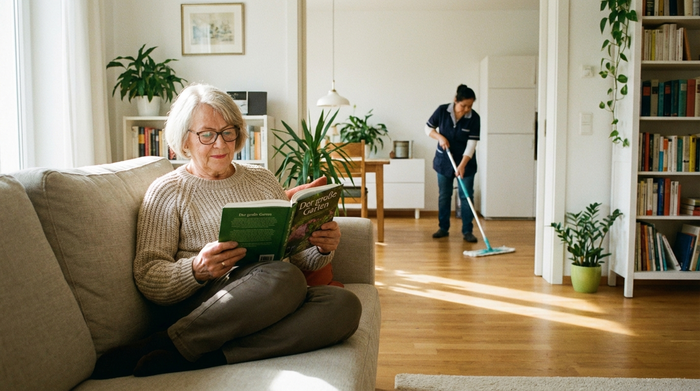 Eine rüstige Seniorin liest entspannt auf dem Sofa ein Buch, während im Hintergrund eine Reinigungskraft den Holzboden wischt. Helles, sauberes Wohnzimmer, realistische Alltagssituation.