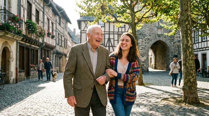 Ein älterer Herr und eine jüngere Alltagsbegleiterin spazieren an einem sonnigen Tag durch eine malerische Altstadt mit Kopfsteinpflaster. Sie hakt sich stützend bei ihm ein, beide lachen.
