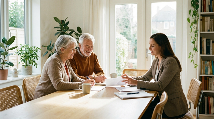 Ein älteres Ehepaar sitzt mit einer Beraterin am Esstisch und bespricht Dokumente. Helle, freundliche Umgebung, seriöse und vertrauensvolle Atmosphäre, keine lesbaren Texte.