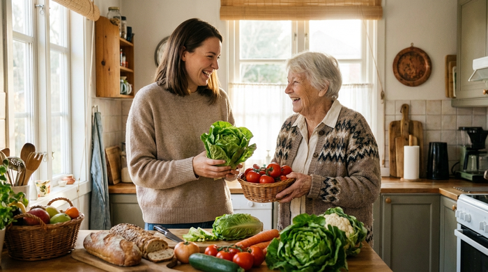 Eine freundliche Alltagsbegleiterin hilft einer Seniorin beim Einräumen frischer Lebensmittel in die Küche. Frisches Gemüse liegt auf der Arbeitsplatte, beide wirken vertraut und gut gelaunt.