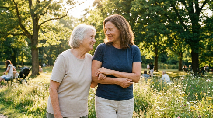 Eine fürsorgliche Betreuerin hilft einer älteren Dame beim Spaziergang durch einen sonnigen Park. Die Dame stützt sich leicht auf den Arm der Betreuerin, beide wirken entspannt und vertraut. Realistische, helle Fotografie, keine Schrift.
