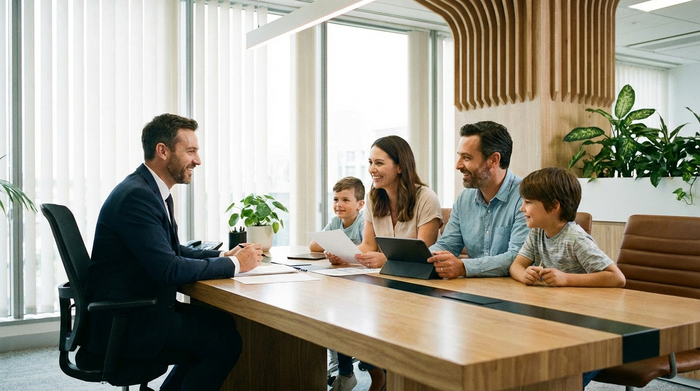 Ein professioneller Berater sitzt mit einer Familie an einem modernen Holztisch und bespricht Dokumente. Die Atmosphäre ist freundlich und vertrauensvoll. Helles Büro, realistische Fotografie, keine lesbaren Texte oder Diagramme.