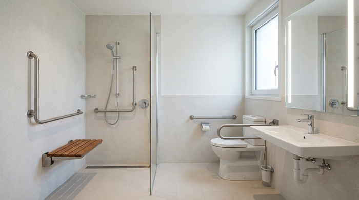Ein modernes, sauberes und barrierefreies Badezimmer mit einer ebenerdigen Dusche, einem Duschsitz und stabilen Haltegriffen an den hellen Wänden. Aufgeräumt und sicher gestaltet. Realistische Innenarchitektur-Fotografie.