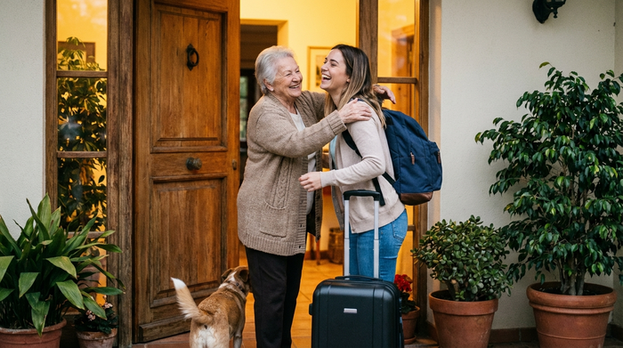 Eine junge Betreuungskraft mit einem Reisekoffer wird von einer lächelnden älteren Frau an der Haustür herzlich in Empfang genommen. Warme Beleuchtung, einladende Atmosphäre, realistische Szene ohne Text.