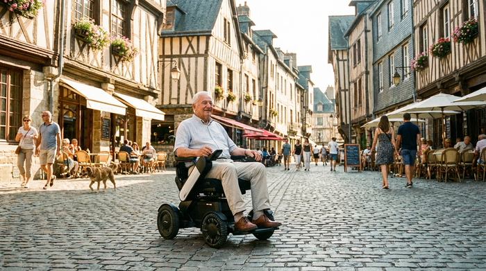 Ein älterer Herr fährt entspannt in einem modernen Elektrorollstuhl über einen gepflasterten Weg in einer sonnigen Altstadt. Helle, freundliche Umgebung, realistische Szene ohne Text.