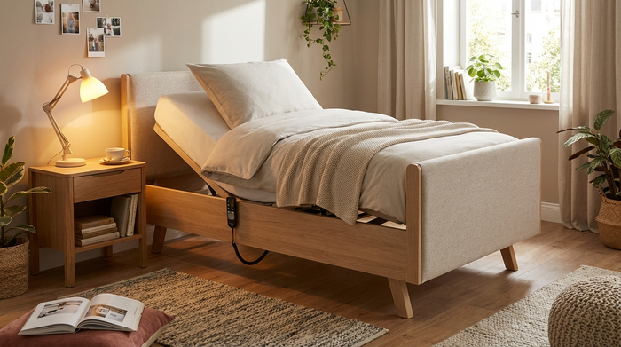 Ein modernes, elektrisch höhenverstellbares Pflegebett in einem gemütlichen, gut beleuchteten heimischen Schlafzimmer. Frische Bettwäsche, ein Holz-Nachttisch mit einer Leselampe daneben, aufgeräumte und warme Atmosphäre.