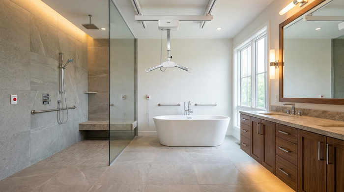 Ein moderner, sauberer Patientenlifter steht bereit in einem großzügigen, hellen Badezimmer. Hochwertige Ausstattung, rutschfeste Fliesen, realistische und sichere Umgebung ohne Personen.