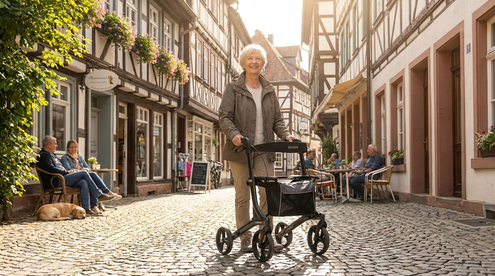 Eine rüstige Seniorin spaziert mit einem hochwertigen Carbon-Rollator durch eine malerische Gasse mit Kopfsteinpflaster. Historische Gebäude im Hintergrund, sonniges Wetter, entspannte Stimmung.
