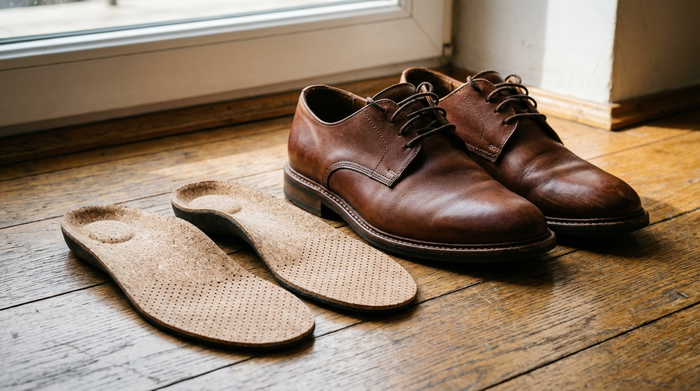 Eine Nahaufnahme von modernen, bequemen orthopädischen Einlagen, die neben einem Paar hochwertiger, weicher Lederhalbschuhe auf einem sauberen Holzboden liegen. Helles, natürliches Licht, realistische Szene ohne Text.