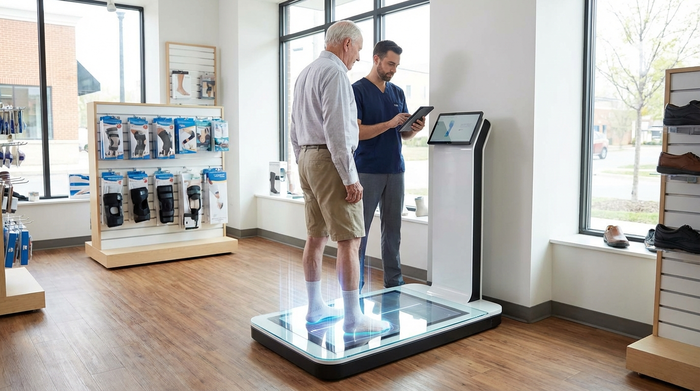 Ein moderner 3D-Fußscanner in einem hellen, sauberen Sanitätshaus. Ein älterer Herr steht in Socken auf der beleuchteten Glasplatte des Scanners, während ein Orthopädietechniker daneben steht. Fokussiert und professionell, realistische Fotografie.