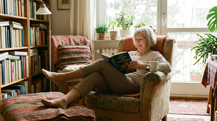 Eine aktive Seniorin sitzt entspannt auf einem Sessel und trägt unauffällige, hautfarbene Kompressionsstrümpfe, die wie normale Feinstrumpfhosen aussehen. Sie liest ein Buch in einem gemütlich eingerichteten Wohnzimmer.