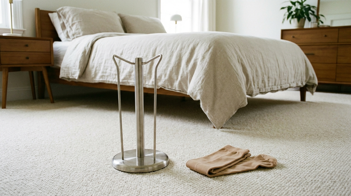 Ein metallischer Strumpf-Butler steht griffbereit auf einem hellen Teppichboden in einem aufgeräumten Schlafzimmer. Ein frisches Paar Kompressionsstrümpfe liegt ordentlich zusammengelegt direkt daneben. Realistische, alltägliche Szene ohne Text.