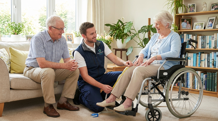 Ein freundlicher Orthopädietechniker in sauberer Arbeitskleidung besucht ein älteres Ehepaar in ihrem hellen Wohnzimmer. Er kniet auf dem Boden und nimmt mit einem Maßband Maß an den Beinen der lächelnden Seniorin.