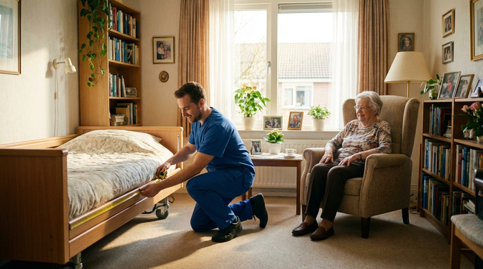 Ein freundlicher Sanitätshaus-Mitarbeiter in blauer Arbeitskleidung kniet im gemütlichen Wohnzimmer einer älteren Dame und misst mit einem Maßband den Platz neben dem Bett aus. Helles Zimmer, realistische und vertrauensvolle Szene.