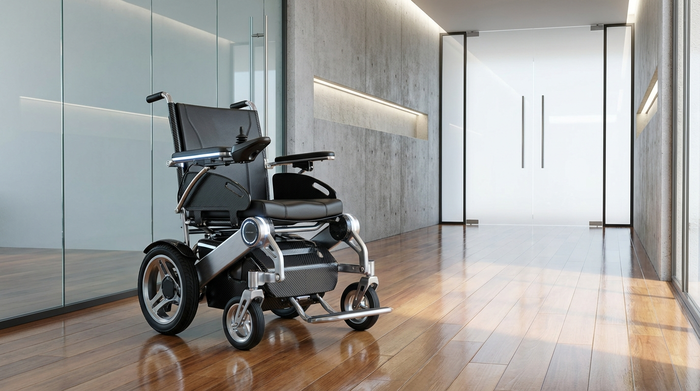 Ein moderner, elektrischer Rollstuhl steht gut beleuchtet in einem sauberen, barrierefreien Flur mit Holzfußboden. Hochwertige Materialien, glänzende Oberflächen, keine Personen im Bild. Fotorealistisch, klare Linien.