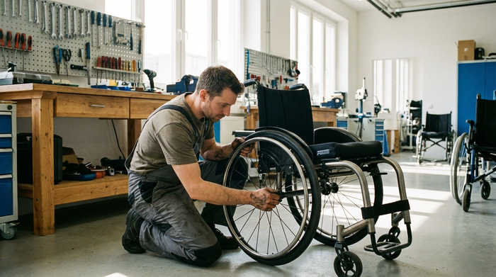 Ein Techniker repariert konzentriert das Rad eines Rollstuhls in einer gut ausgestatteten, hellen Werkstatt. Werkzeuge liegen ordentlich auf einer Werkbank im Hintergrund. Professionelle Atmosphäre, realistische Fotografie.