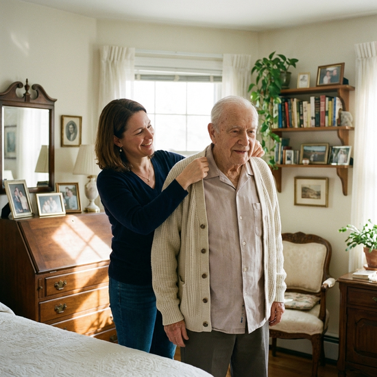 Eine engagierte Pflegekraft hilft einem älteren Herrn behutsam beim Anziehen einer hellen Strickjacke im gemütlichen, aufgeräumten Schlafzimmer.