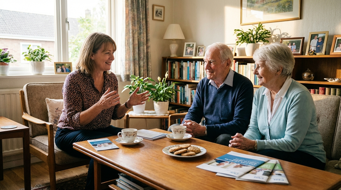 Eine aufgeschlossene Pflegeberaterin sitzt mit einem älteren Ehepaar am Wohnzimmertisch. Sie lächelt freundlich und gestikuliert offen, während die Senioren aufmerksam zuhören. Die Stimmung ist positiv und aufklärend.